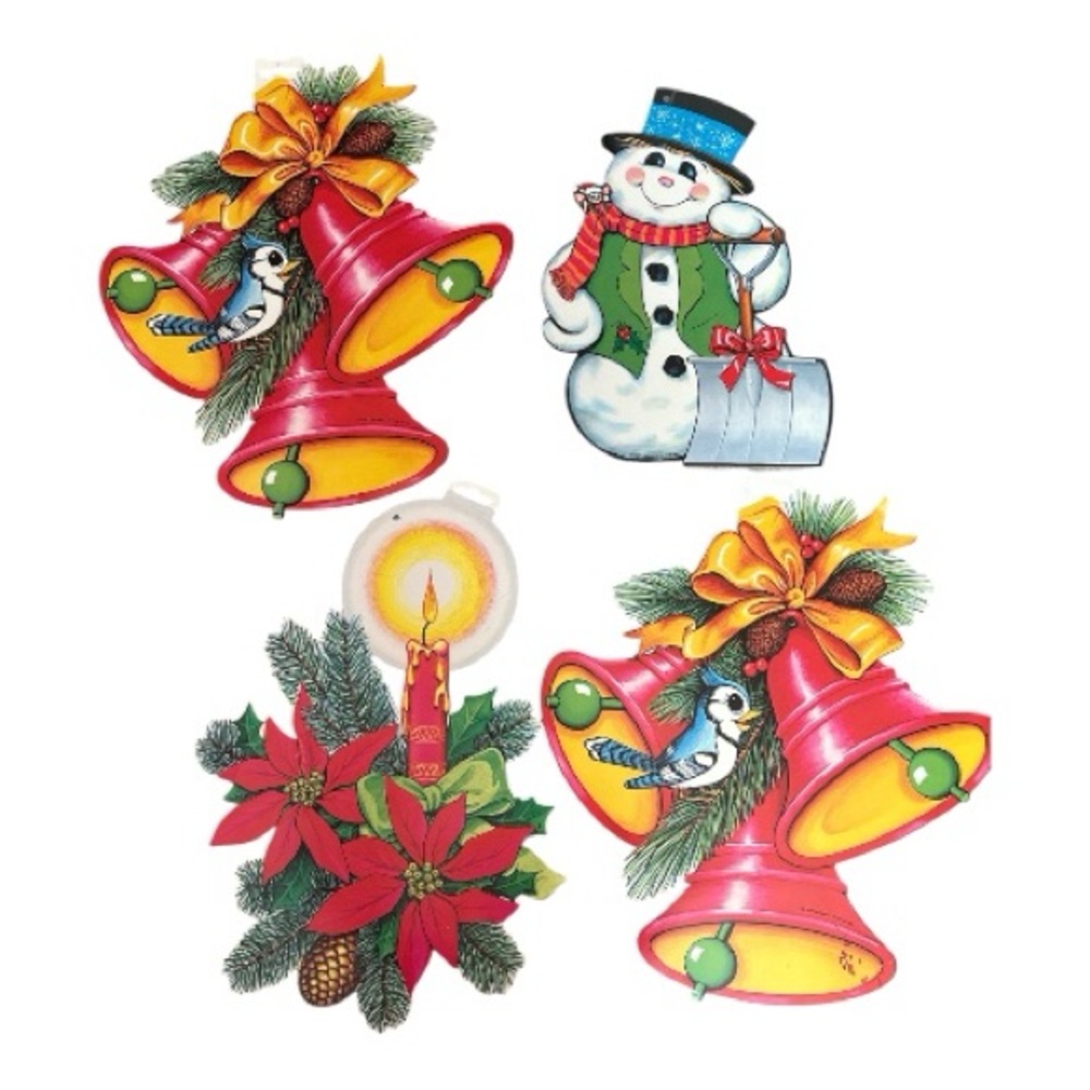 Vintage Beistle Holiday Decorations Set of 4 with Red Bells and Snowman